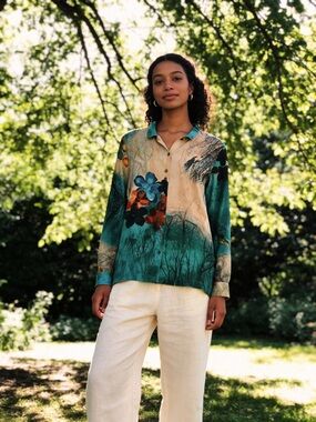 John Mark Teal and Cream Floral Button-Down Tunic - Wearable Art